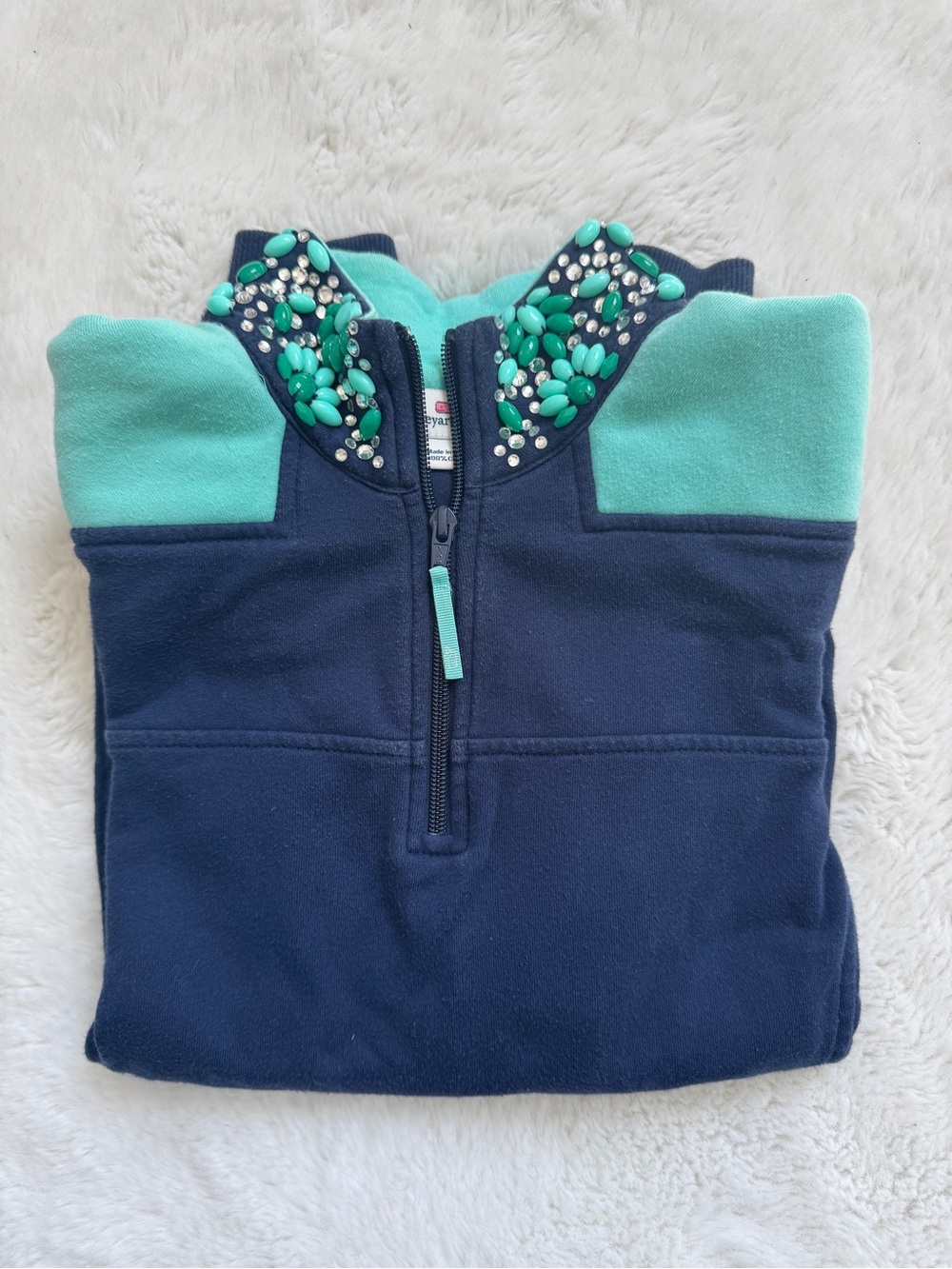 Vineyard Vines Navy Shep Shirt with Teal Embellished Rhinestone Collar